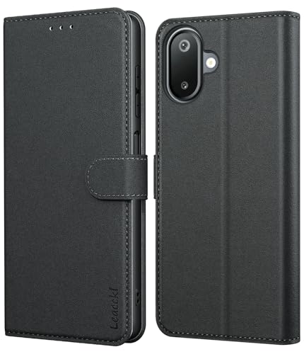 Leacckl Funda para Samsung Galaxy A06 4G, No Compatible con 5G, Funda Tipo Cartera de Piel, Funda Abatible con Tarjetero y Hebilla Magnética, Negro