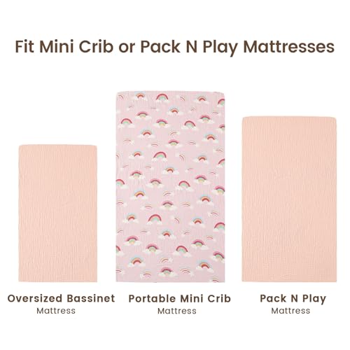 Image of david's kids Muslin Mini Crib Sheets, 2 Pack Cotton Pack N Play Sheets for Girls, Soft Breathable Baby Sheets Fit Pack N Play, Playard and Mini Crib Mattresses, Rainbow