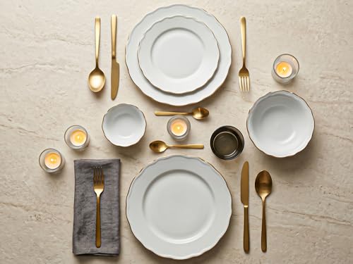 Image of Bodhi House 12-Piece Gold Rim Porcelain Dinner Set | Plates & Bowls Set | Lightweight, Chip Resistant, | Dishwasher Safe | Ideal for Home Dining & Gifting Tableware Set | White