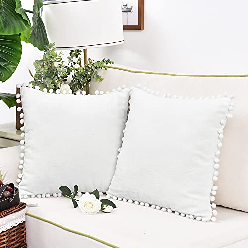 CaliTime Throw Pillow Cases Pack of 2 Cozy Solid Dyed Soft Chenille Cushion Covers with Pom Poms for Couch Sofa Home Decoration 55cm x 55cm True White - Image 4