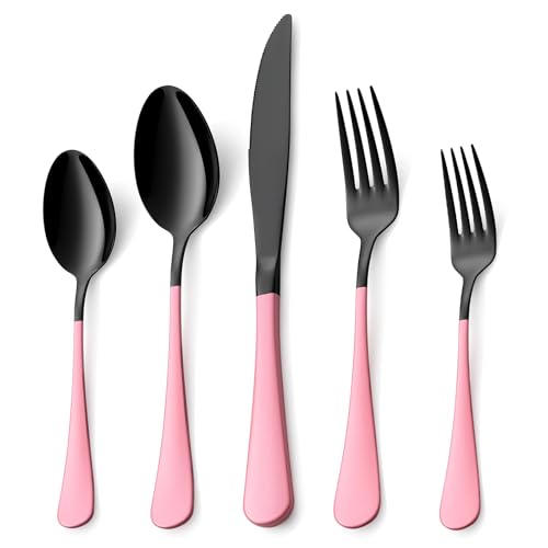 20 Piece Black Pink 18/0 Flatware Utensil Set for 4, Include Dinner Knife,Dinner Forks,Dinner Spoons,Salad Forks,Teaspoons,Silverware Set for 4, Dishwasher Safe