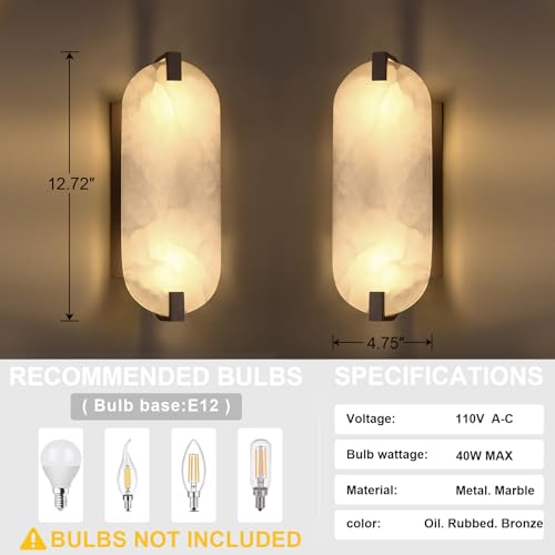 Image of 2 Pack 2 Light 12.7 inch Round Natural Oval Alabaster Bathroom Wall Sconce Modern Concise Style Wall Light Fixture,Oil Rubbed Bronze Finish for Bedroom Hallway Bedside Living Room