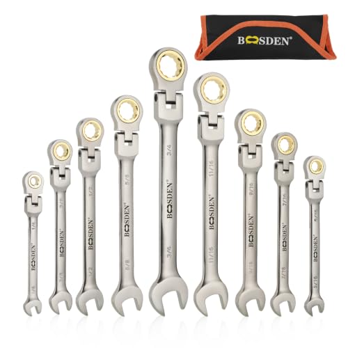 Image of BOOSDEN 9-Piece Flex-Head Ratcheting Wrench Set, SAE 1 /4-3 /4 inch Ratchet Combination Wrench Set with 180 Pivoting Head & Roll-Up Pouch, High-Carbon Steel Wrenches for Auto Repair, Mechanics, Household