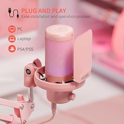 FEELWORLD VM1 Pink Gaming PC USB Microphone Condenser Mic with Noise Cancellation Mute RGB Light, Computer Accessories Gifts for Gamer YouTube Twitch Podcast Streaming Recording Online Chat PS4 PS5