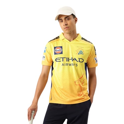 Image of playR x Chennai Super Kings Original Match Jersey IPL 2025 - Adult Dhoni 7 Half Sleeve CSK Cricket T-Shirt, Regular Fit Sportswear Tee for Training, Outdoor & Match Day Activewear for All Season