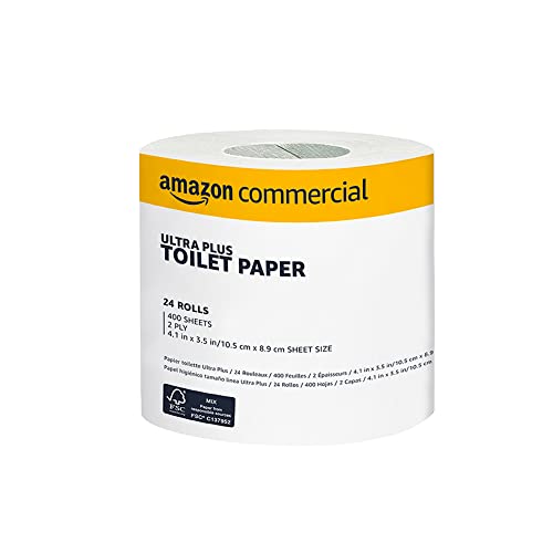 Amazoncommercial 2-Ply Ultra Plus Individually Wrapped Toilet Paper, Septic Safe, Compatible With Standard Dispensers, Unscented, 9600 Count, 24 Pack Of 400 Sheets Per Roll (4.1" X 3.6" Sheet), White #TOP3