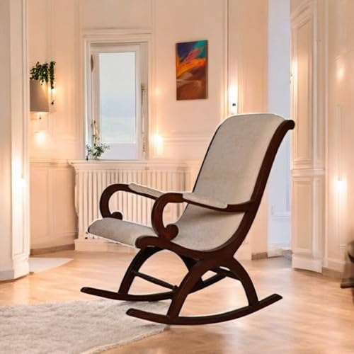 Image of Solid Sheesham Wood Rocking Chair for Living Room | Ergonomic Resting Chair for Relaxing and Pregnant Women (Off-White)