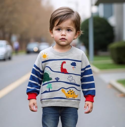 Image of Popshion Toddler Boys Sweatshirts Dinosaur Long Sleeve Pullover Crewneck Shirts Cartoon Tee Sport Tops for Kids 1-8T