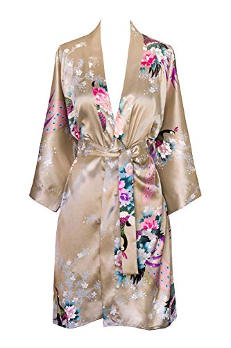 Old Shanghai Women's Kimono Short Robe - Peacock & Blossoms, Champagne (On-seam Pocket), One Size.