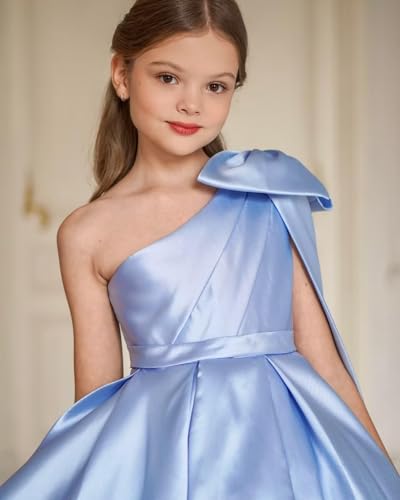 One Shoulder Flower Girl Dresses Satin Pageant First Communion Dress Bow Ball Gown TJ1514