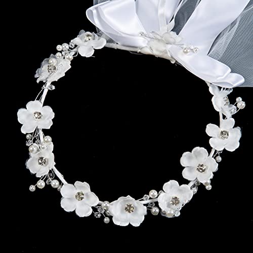DDazzling Flower Crown Girls First Communion White Floral Wreath Lace Veil2
