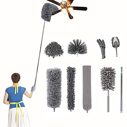 OMIRA 9PCS Microfiber Feather Duster Kit, Retractable Dusters 30-100 Inches, Flexible Reusable Washable Dusters for Cleaning Ceiling Fans, High Ceilings, Blinds, Furniture, Cars