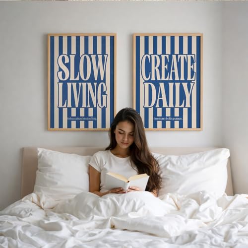 Image of Suneree Slow Living Create Daily Wall Art Set of 2 Framed Paintings | Blue Striped Typography Motivational Poster | Office Bedroom Home Decor (Art 6, 10x13 Inches)
