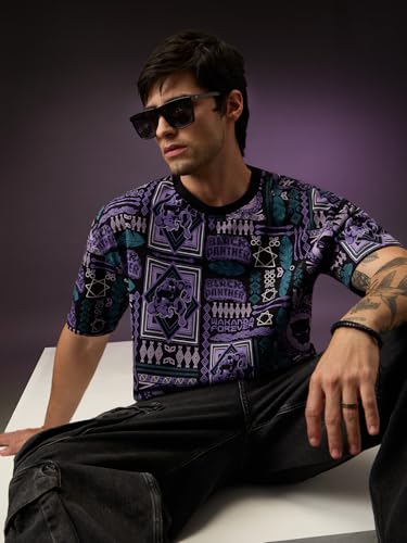 Image of The Souled Store Official Black Panther: Wakanda Tribe Men and Boys Short Sleeves Round Neck Black All Over Printed Cotton Oversized T-Shirts