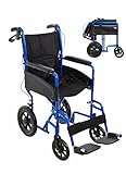 Lightweight Aluminium Folding Transit Compact Travel Wheelchair Net Carry Weight Only 9.5kg, Seatbelt, Attendant Brakes, Adjustable Footrests (Blue, Wide)