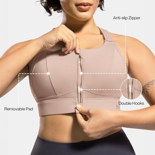 Image of High Impact Sports Bras for Women Adjustable Zip Front Plus Size Workout Bra Full Coverage Removable Padded Running