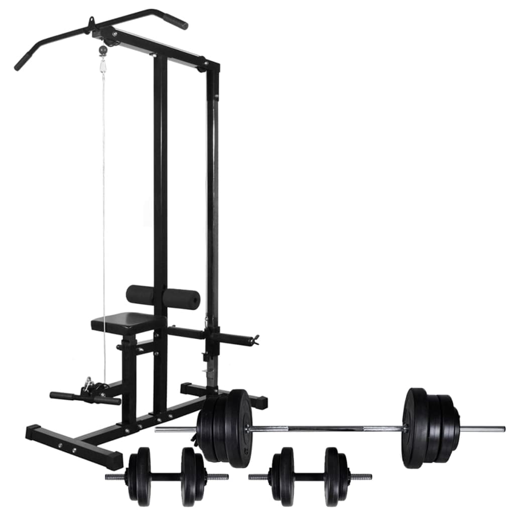 Torre de fuerza con barra y mancuernas Set 60,5 kg Fitness Station para Homegym, banco rack y tracción de cable, prensa de piernas, multiprensa, musculación y entrenamiento en el hogar