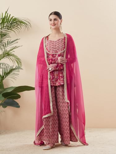 Image of MOKOSH Women's Cotton Printed Peplum Kurta Sharara Set with Dupatta | Ethnic wear| 3 Piece Outfit | Floral Printed | Square Neck