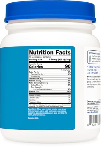 Image of Nutricost Clear Whey Protein Isolate Powder (Blue Razz Pop) 1 LB - 20g Protein Per Serving, Zero Added Sugar, Easy-Mix WPI Drink, Gluten-Free, GMO-Free, 17 Servings