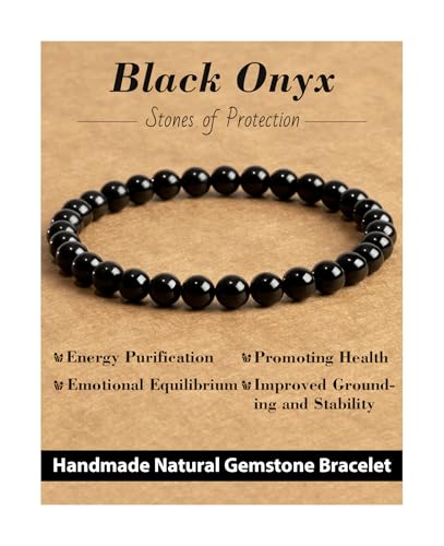 Landorilo Beaded Bracelet for Men Women 6mm Natural Stone Black Onyx Healing Crystal Stretch Bracelets Ideal Christmas Birthday Jewelry Gifts with Energy CardReplacement Beads Included