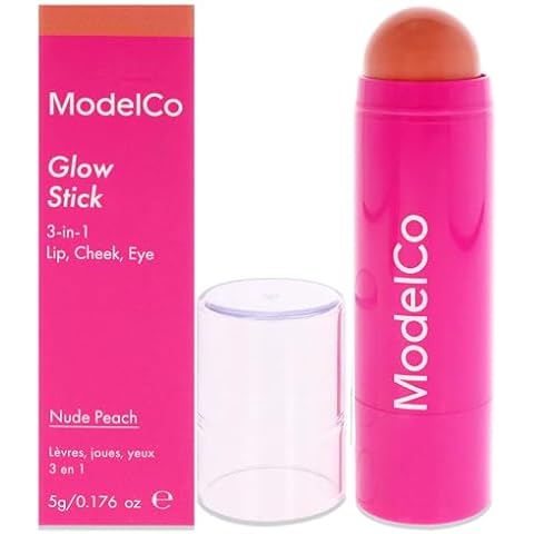 ModelCo Glow Stick 3-In-1 - Multi-Use Cream Color Stick - Hydrating Creamy Formula - Delivers Luminous Color For A Healthy Glow - Buildable Coverage From Sheer To Saturated - Nude Peach - 0.176 Oz Cover