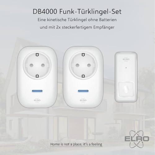ELRO DB4000 Drahtloses Kinetic Türklingel-Set - mit 2x Steckempfänger mit Steckdose - keine Batterien nötig - 150 Meter