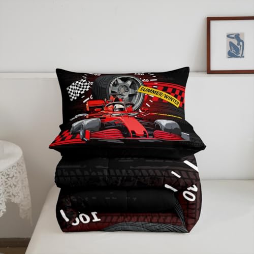 Image of Feelyou Kids Race Car Bedding Set Queen Size, Red Racing Car Duvet Insert Karting Road Comforter Set Boys Girls Teens Bedroom Decor 3Pcs