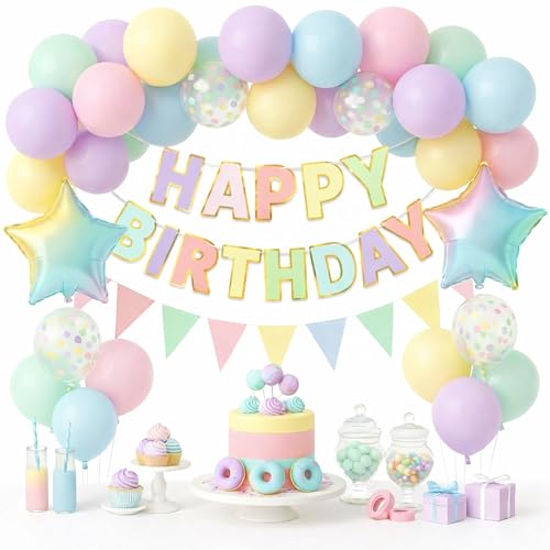 Birthday Decorations Set for Women & Girls - Pastel Happy Birthday Banner with Triangle Bunting, Star Foil Balloons, Confetti Balloons, Balloon Arch Chain, Ribbons & Glue Dots