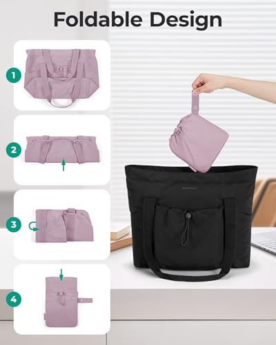 Image of BAGSMART Foldable Tote Bag with Drawstring Bag, Tote Bag Shoulder Bag Top Handle Handbag for Travel, Work, Beach, Gym