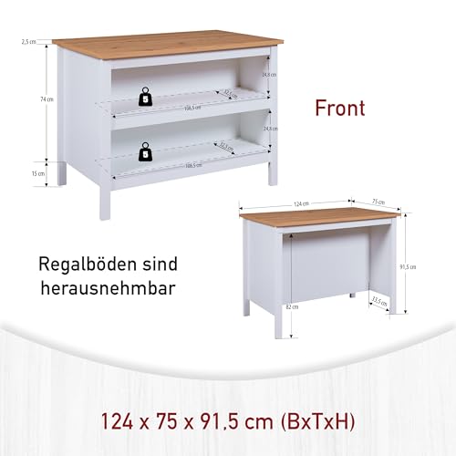Inter Link - Kücheninsel - Mittelinsel - Arbeitsplatte - Küchenschrank mit Regalen - Melaminbeschichtet - Länge 124cm - Höhe 82 cm - Tiefe 75 cm - Julina - Weiß/Eiche Artisan