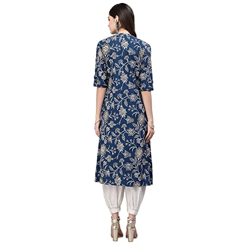 Image of Stylum Women's Aqua Floral Printed Rayon A-Line Kurta | Comfortable Daily Office & Casual Wear (Available in Plus Sizes)