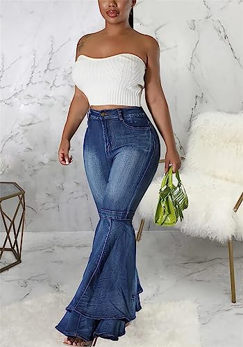 Cute Bell Bottom Jeans for Women High Waist Flare Jeans Patchwork Pleated Layered Ruffle Hem Wide Leg Denim Long Pants3