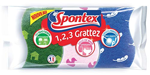 SPONTEX - 1,2,3 Grattez - Kit de 3 Éponges Multi-Usages - Idéales Ménage, Vaisselle, Salle de Bain