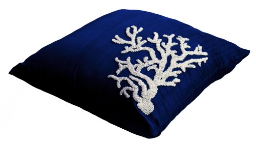 Amore Beaute Handcrafted Decorative Navy Blue Faux Silk Throw Pillow Covers With Coral Reef Embroidery - Sofa Pillow Cover - Nautical Throw Pillow Cover With Detailed Beads Embroidery #TOP1
