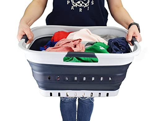 SAMMART Wäschekorb aus Kunststoff, zusammenklappbar, 30 l, mit 3 Griffen, faltbar, Aufbewahrungsbehälter, Organizer, tragbare Waschwanne, platzsparender Korb (Grau/Schiefergrau)