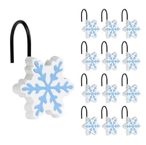 Sunlit Christmas Shower Curtain Hooks, Snowflakes Shower Curtain Rings with Black Hooks, Resin, White and Light Blue Christmas Decor, Winter Bathroom Decoration, Set of 12