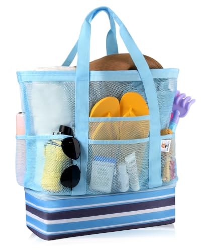 CaCTOUR Beach Bag with Cooler Compartment Mesh Beach Bag Dry Wet Detachable with Zipper Pockets Waterproof Sandproof Pool Bag (Blue)