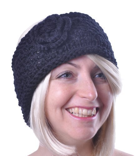 Style Nuvo Women's Black Wool Headband Knitted Hairband Girls Ski Earmuff With Flower