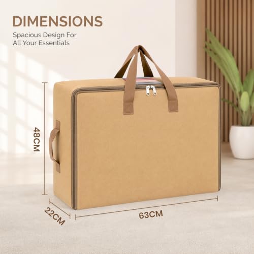 Image of Storite Canvas Underbed Storage Bag with Zipper, Clear Window & 4 Reinforced Handles | Blanket, Rajai, Quilt, Pillow, Bedsheet & Seasonal Clothes Organizer | Foldable Dustproof Storage Bag| Cream | With 4 Reinforced Handles for Rajai, Quilt, Blanket, Pillow, Saree, Bedsheet & Seasonal Clothes | 63 x 48 x 23 cm-Cream
