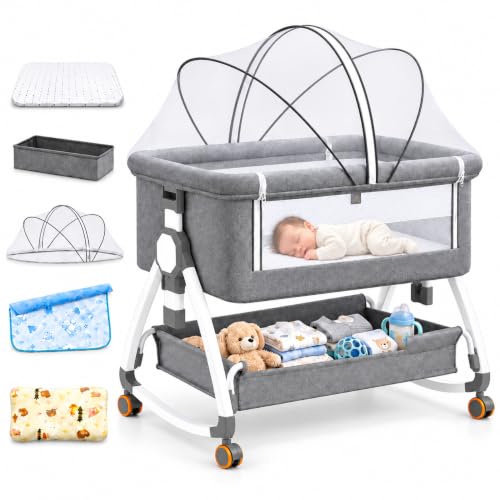 Consejos para Comprar Cunas adosadas más recomendados. 39 ZSOLY Cuna Colecho para Bebé 5 en 1 Multifuncional, Plegable y Portátil, 6 Alturas Ajustables, Función Mecedora, Mosquitera, Colchón, Cesta de Almacenamiento y Ruedas...