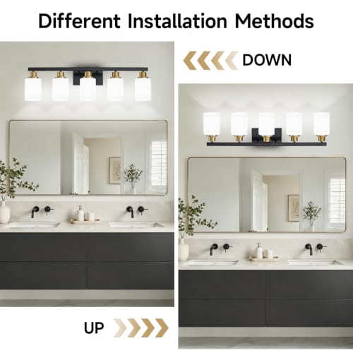 Image of Bathroom Vanity Light 5-Light Vanity Lighting Black and Gold 30in | White Frosted Ribbed Glass Shade Black and Gold Wall Light Fixture Bathroom Light Fixtures with for Mirror Restroom E26 Base