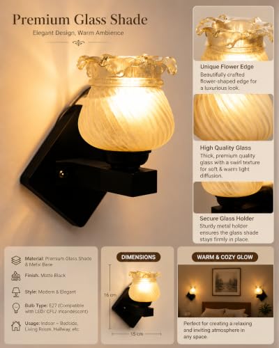 Image of Home Decor Wall Lights Glass Lamp Shade with Premium Finish & E27 Bulb Holder for Living Room, Bedroom, Balcony, Kitchen, Cafes | Decorative Night Lamps Fixtures | Elegant Wall Hanging Lights