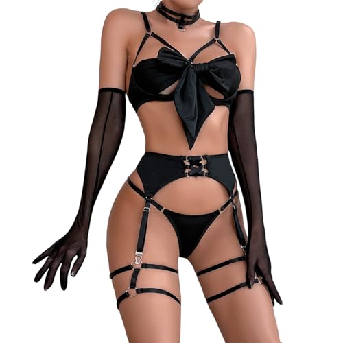 Ensemble Lingerie Ajourée Quatre Pièces en Cuir pour Femmes Tunique Fine Transparente String Réglable Soutien-Gorge sans Armature Accessoires Sensuels...