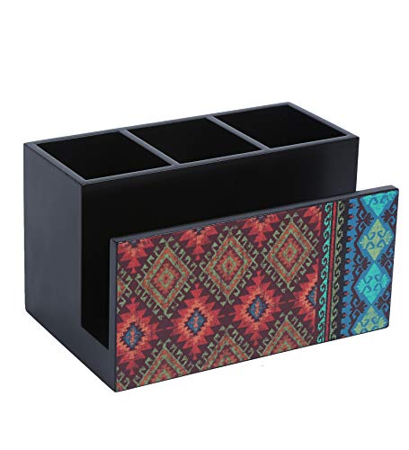 Image of Wooden Utensils Cutlery Holder I Countertop Organizer - Spoon Fork Knife Napkin Tissue Paper I Home & Kitchen I Size 7 inch X 5 inch X 4 inch I Kilim,Multicolor