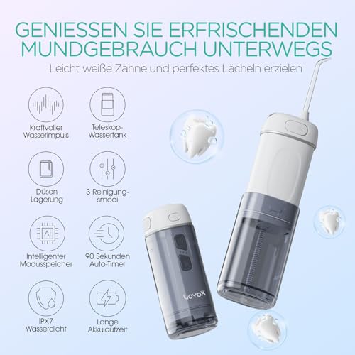 VOYOR-HEALTH Mini Tragbar Munddusche Kabellos, Elektrisch Mundduschen IPX7 Wasserdicht, Wiederaufladbar Water Flosser mit 3 Modi für Zuhause und Reisen zahnreinigung WF510 (Silber) – Bild 3