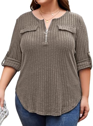 Plus Size Sweaters for Women Lightweight 3/4 Sleeve Quarter Zip V Neck Ribbed Business Casual Blouses Tops