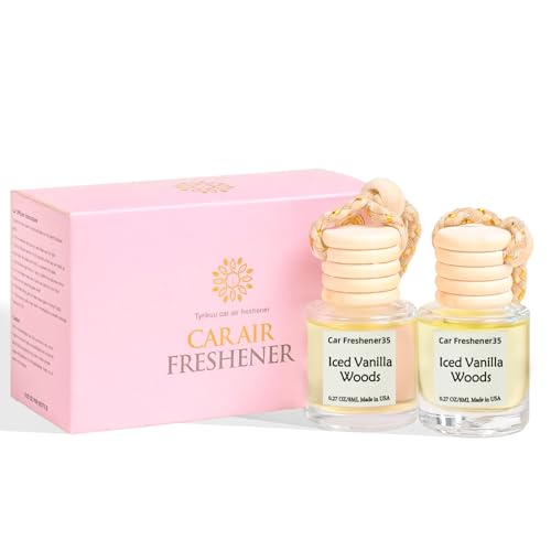 Image of Hanging Car Air Freshener, Long Lasting Essential Oil Diffuser, Non-Toxic Iced Vanilla Woods Scent, Cute Car Fresheners for Women, 2 Pack Made in USA