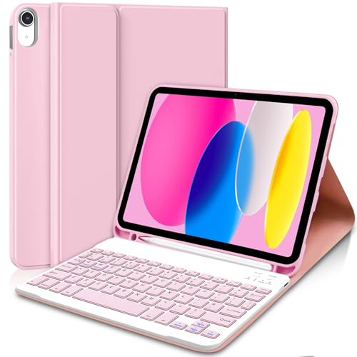 AGARELE Keyboard case for iPad (A16) 11th Gen 2025 11 & iPad 10th Gen 2022 10.9, UK layout Wireless Detachable Folio Keyboard Cover with Pencil Holder, Thin & Light – Light Pink