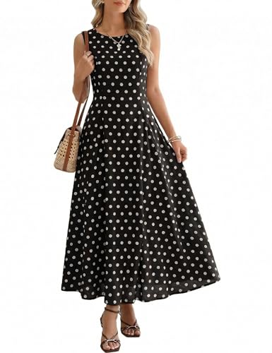 Damen Polka Dot Kleid Ärmellos Rundhals Sommerkleid A-Linie High Waist Elegant Vintage Rockabilly Party Gepunktetes Kleid