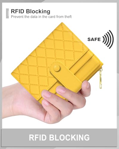 Image of Aiawoxc Womens Wallet, RFID Small Slim Wallets for Women, Compact Credit Card Holder, Cute Leather Bifold Ladies Purse with Zipper Coin Pocket and ID Window, Yellow